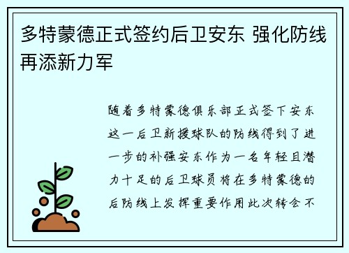 多特蒙德正式签约后卫安东 强化防线再添新力军